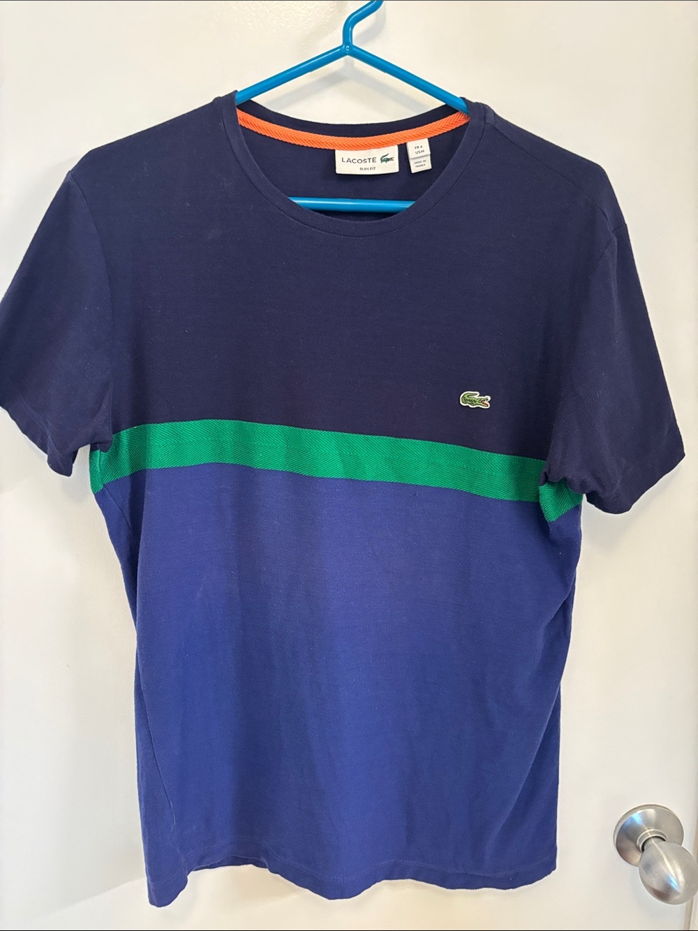Lacoste Navy, Royal Blue & Green Stripe Crew Tee